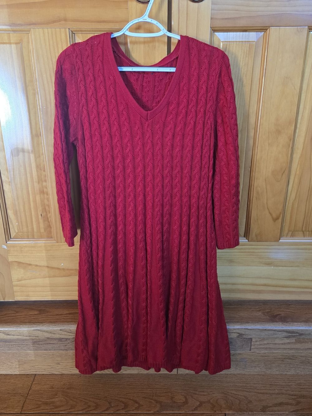 Red Cable-Knit V-Neck Women’s Dress